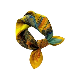 French vintage oil painting silk scarf with yellow floral pattern in a knotted style