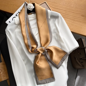 Women Elegant Skinny Scarf Letter Print Houndstooth Imitation Satin Neck Scarf Bag Ribbon Headband Accessories For Lady