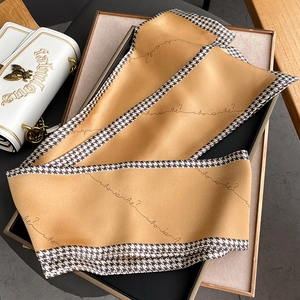 Elegant khaki skinny silk scarf with houndstooth edge and letter print in gift box