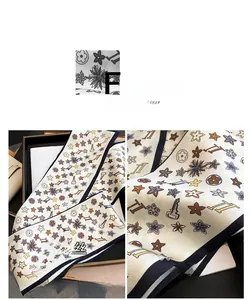 Detail of elegant imitation silk neck scarf with floral patterns and internal stitching