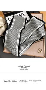 Houndstooth pattern silk scarf detail showing 13x145cm size and imitation silk texture