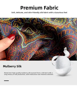 Close-up of printed mulberry silk scarf showing intricate paisley patterns and soft texture