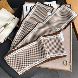 Classic houndstooth skinny silk scarf in brown and cream for hair and handbag ties