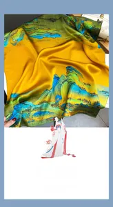 Detailed view of the silk square scarf with traditional Chinese landscape painting and rolled edge