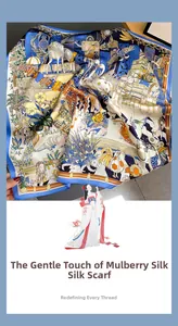 Detailed pattern of mulberry silk square scarf featuring exotic animals and classic art
