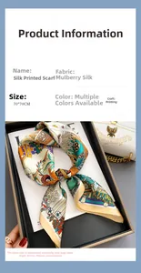 Detailed mulberry silk material info and close-up of 70x70cm printed square scarf