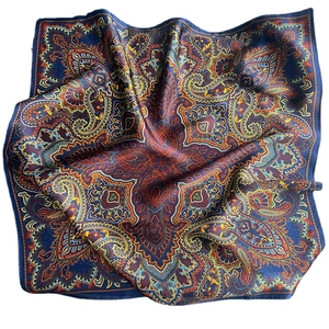Premium mulberry silk square scarf with vintage paisley and mandala print pattern