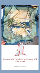Détail d'un carré de soie avec imprimés de paysages traditionnels et motifs floraux
