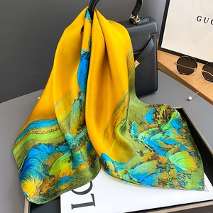 Elegant mulberry silk scarf with traditional Chinese landscape painting on leather handbag