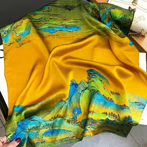 Elegant yellow silk scarf with traditional Chinese green mountain and water landscape print