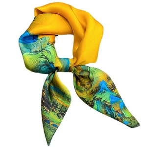 Elegant silk scarf with traditional Chinese landscape painting in vibrant ginger and green