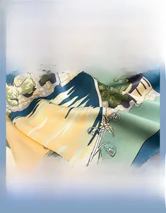 Détail d'un foulard en soie avec motif de paysage chinois et texture satinée