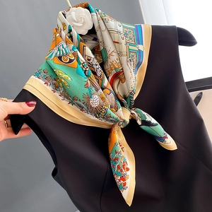 65cm colorful silk square scarf with vintage pattern tied on a black sleeveless top