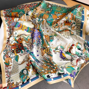 65cm mulberry silk square scarf with colorful forest animals and floral printing