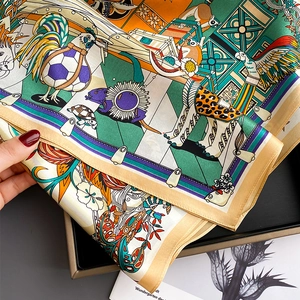 65cm mulberry silk square scarf featuring vibrant fantasy animal prints and hand-rolled edges
