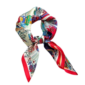 65cm silk scarf with vibrant floral and geometric patterns on a red silk border