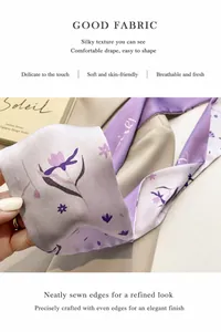 Detail van bloemige paarse zijden sjaal met zachte textuur en fijne binnenste stiksels