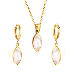 Golden stainless steel jewelry set with white shell butterfly wing necklace and earrings