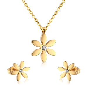 Parure bijoux fleurs en acier inoxydable avec cristaux brillants et finition dorée