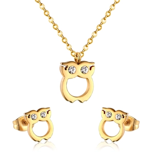Parure hibou dorée avec collier et boucles d'oreilles aux yeux en cristal blanc