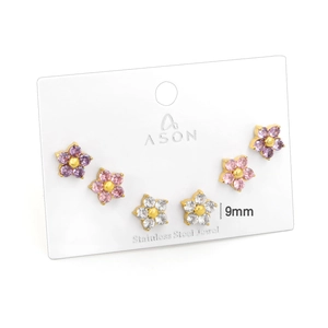 Trois paires de boucles d'oreilles fleurs 9mm en acier inoxydable et zircon multicolore