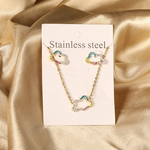 Stainless steel jewelry set featuring hollow cloud pendant and earrings with colorful crystals