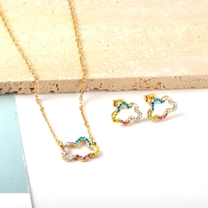 Detailed view of hollow cloud jewelry set with vibrant multicolored crystal rhinestones