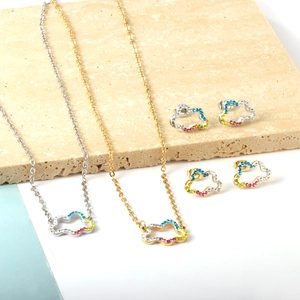 Cloud hollow jewelry set with colorful rhinestones, stainless steel necklace and earrings