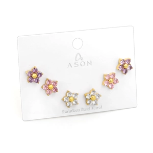 Lot de trois paires de boucles d'oreilles fleurs en zircon coloré et acier inoxydable