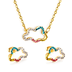 Gold hollow cloud jewelry set with colorful rhinestones including necklace and earrings