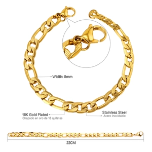 Detail of 8mm Figaro chain bracelet in 18K gold plated stainless steel with lobster clasp