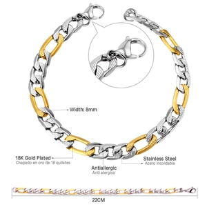 Two-tone 8mm stainless steel Figaro link bracelet with 18K gold plating and lobster clasp