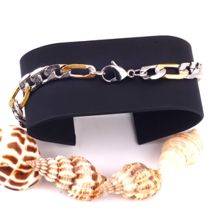 8mm two-tone stainless steel flat chain bracelet with 18K gold plating and lobster clasp
