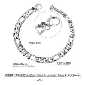 Detail of 8mm silver stainless steel Figaro chain bracelet with secure lobster clasp