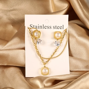 Stainless Steel Jewelry Necklace Earrings Faux Artificial Pearl Cubic Zirconia Double Layer Snake Chain Square Frame Elegant Women