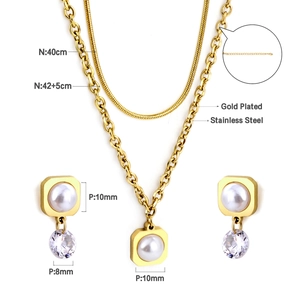 Detail of gold plated stainless steel jewelry set with pearls and zircon pendants
