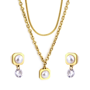 Golden double-layer necklace and pearl earring set with cubic zirconia accents