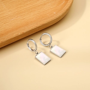 Elegant rectangular white shell drop earrings with polished silver stainless steel hoops