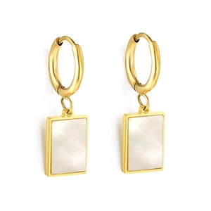 Minimalist gold geometric hoop earrings featuring white shell inlays on rectangular charms