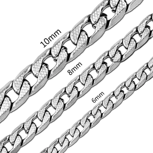 Detail of silver Cuban chains in 6mm 8mm and 10mm widths with embossed texture