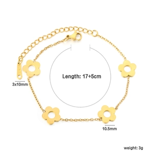 Vue détaillée des dimensions du bracelet en acier inoxydable doré à fleurs ajourées