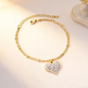 Bracelet Cœur Double Couche Acier Inoxydable Plaqué Or 14K Pendentif Strass Bijoux De Mode Réglables Pour Femmes