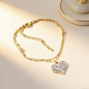 Bracelet double couche en acier inoxydable doré 14K avec pendentif cœur texturé