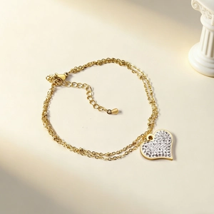 Bracelet élégant double couche en acier inoxydable plaqué or 14K avec cœur en strass