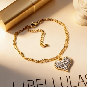 Bracelet double rang en acier inoxydable doré 14K avec pendentif cœur serti de cristaux