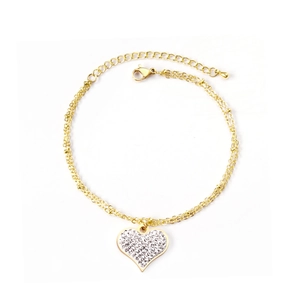 Bracelet double chaîne en acier doré 14K avec pendentif cœur orné de cristaux brillants