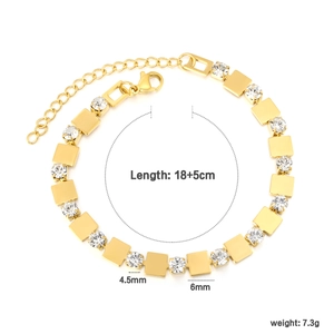 Bracelet en acier inoxydable plaqué or 18k avec maillons carrés et pierres zircons