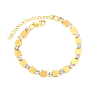 Bracelet en acier inoxydable plaqué or 18K avec maillons carrés et zircone ronde