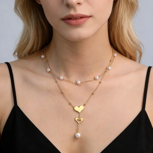 Heart Shell Pendant Double Layer Necklace Stainless Steel Artificial Pearl Chain For Women Gold Plated Elegant Jewelry