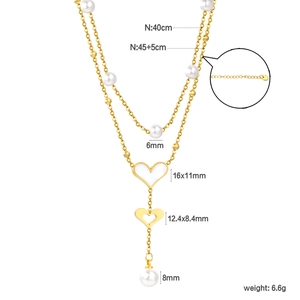 Double-layered gold heart pendant necklace with pearls and detailed size specifications